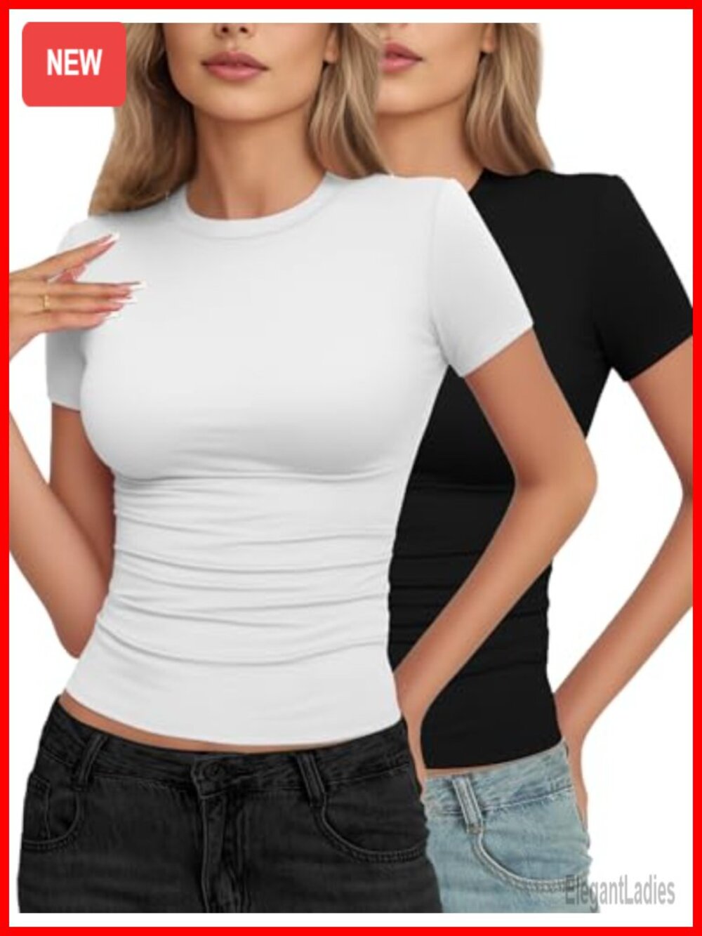Women's Slim Fit Crew Neck Short Sleeve Tee 2 Pack Stretch Basic Top